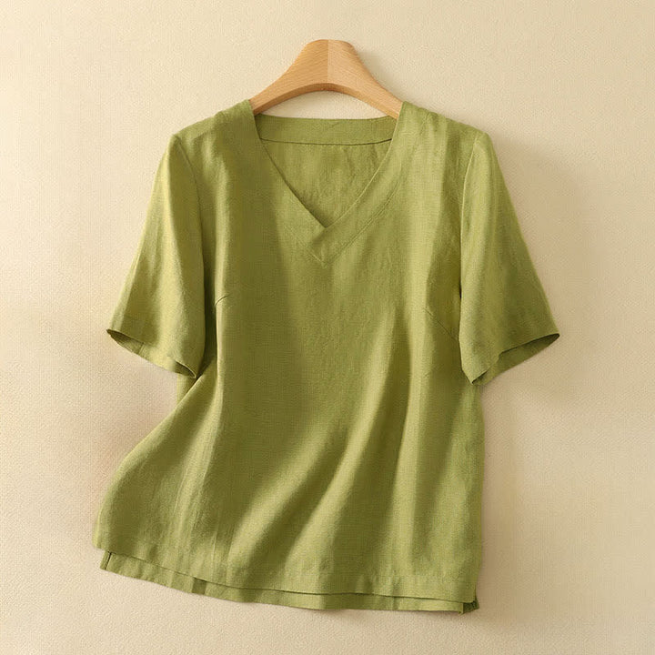 Buddha Stones Summer Minimalist V Neck Solid Women's Short Sleeve T-Shirts - OliveDrab - US8-10，UK/AU12-14，EU40-42 (2XL) - image 0