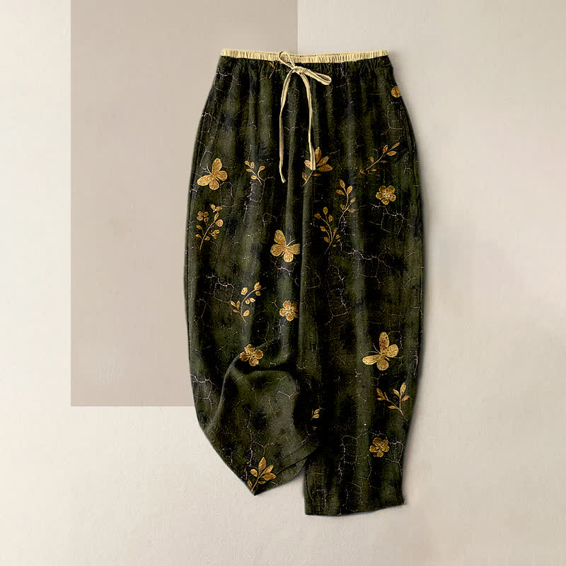 Buddha Stones Pure Cotton Gold Butterfly Floral Pattern Women's Elastic Waist Pants With Pockets - Olive - US16，UK/AU20，EU48 (3XL) - image 0