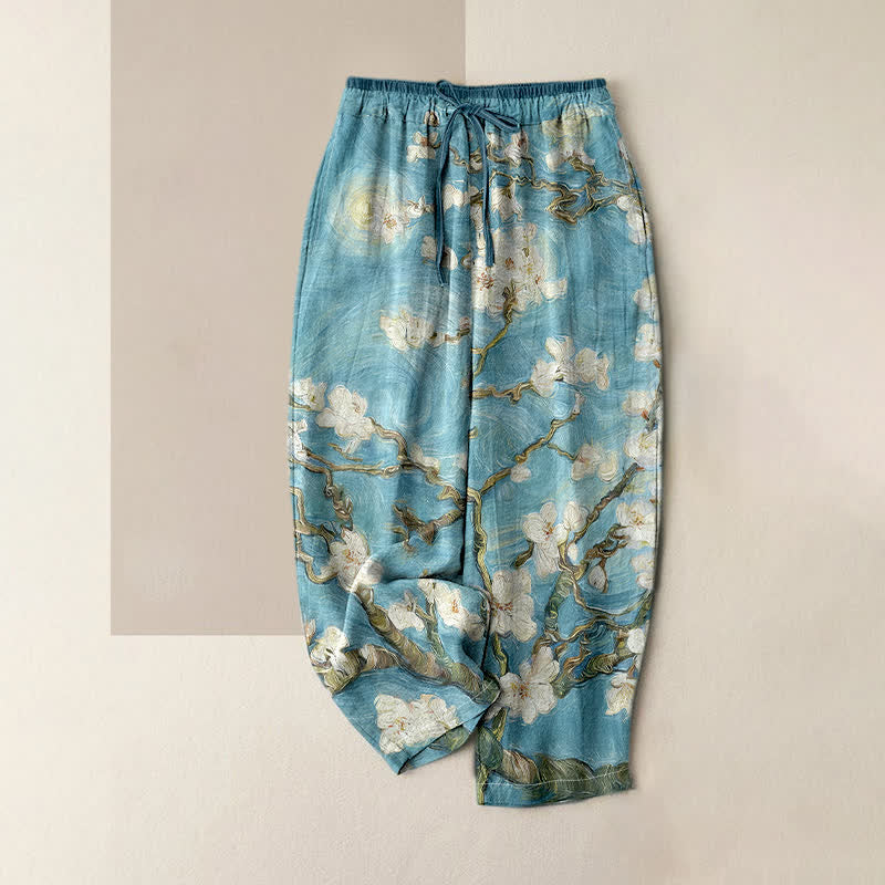 Buddha Stones Van Gogh Starry Sky Almond Blossom Pattern Women's Elastic Waist Pants With Pockets - PaleTurquoise - US16，UK/AU20，EU48 (3XL) - image 3