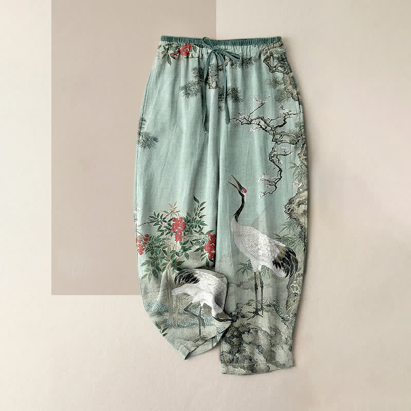 Buddha Stones Pure Cotton Crane Pine Pattern Women's Elastic Waist Pants With Pockets - PaleTurquoise - US16，UK/AU20，EU48 (3XL) - image 4