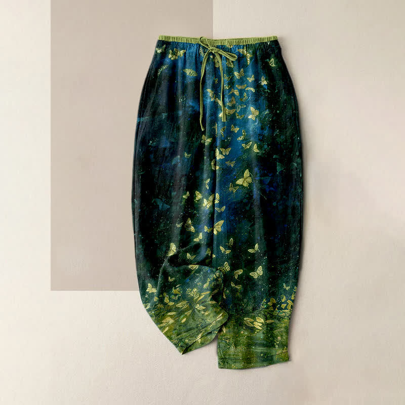 Buddha Stones Pure Cotton Gold Butterfly Gradient Pattern Women's Elastic Waist Pants With Pockets - DarkGreen - US16，UK/AU20，EU48 (3XL) - image 5