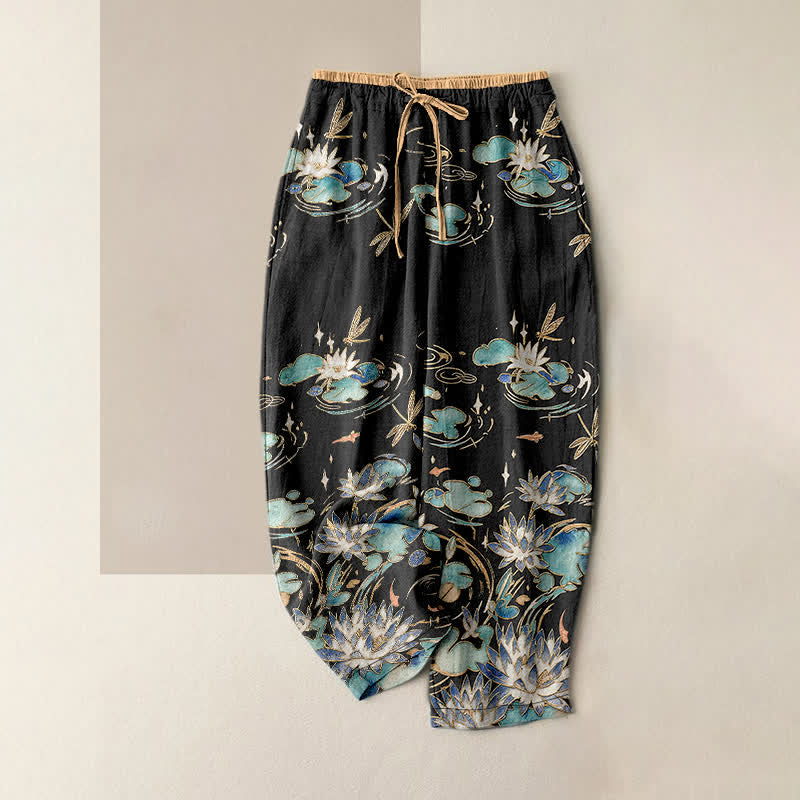 Buddha Stones Pure Cotton Lotus Wave Pattern Women's Elastic Waist Pants With Pockets - Black - US16，UK/AU20，EU48 (3XL) - image 5