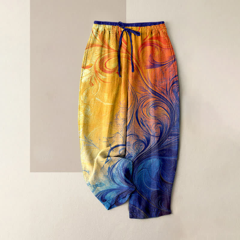 Buddha Stones Pure Cotton Sunset Swirl Ombre Pattern Women's Elastic Waist Pants With Pockets - Orange - US16，UK/AU20，EU48 (3XL) - image 0