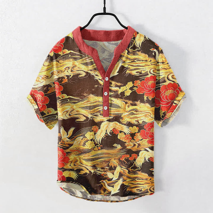 Buddha Stones Cotton Vintage White Crane Peony Pattern Men's Short Sleeve Half Button Shirt - SaddleBrown - US/UK/AU50，EU60 (5XL) - image 5
