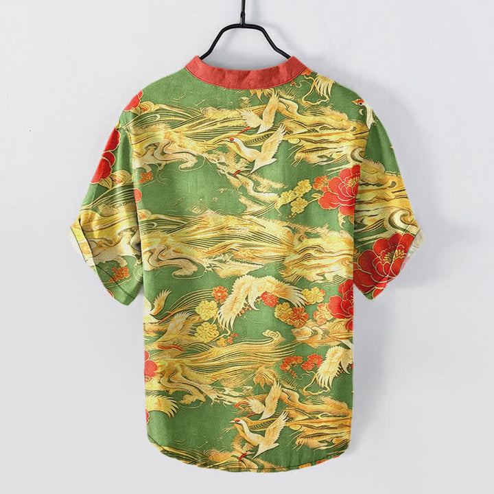 Buddha Stones Cotton Vintage White Crane Peony Pattern Men's Short Sleeve Half Button Shirt - image 8