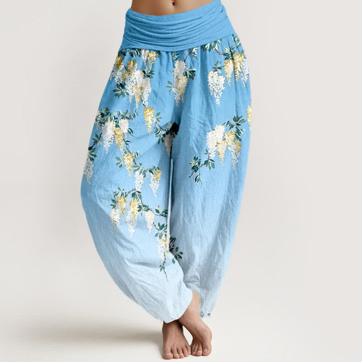 Buddha Stones Pure Cotton White Yellow Blossom Cluster Pattern Women's Elastic Waist Harem Pants - LightBlue - US16，UK/AU20，EU48 (3XL) - image 8