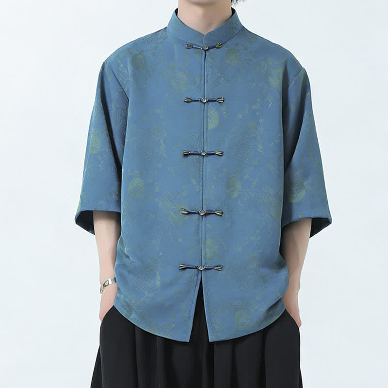 Buddha Stones Summer Tang Style Mandarin Collar Frog Button Side Slit Solid Men's Elbow-Length Sleeve Shirts - image 1