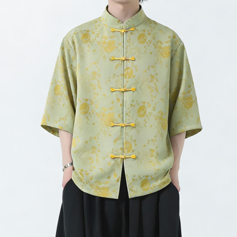 Buddha Stones Summer Tang Style Mandarin Collar Frog Button Side Slit Solid Men's Elbow-Length Sleeve Shirts - image 7