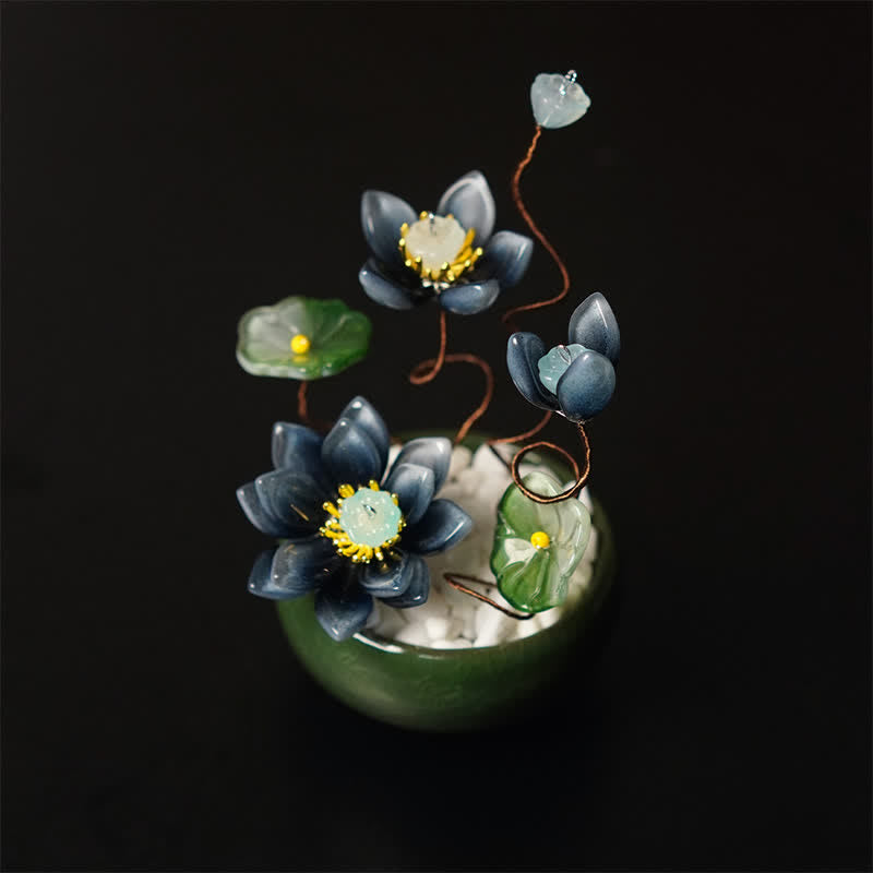 Buddha Stones Lotus Liuli Flowerpot Handmade Mindful Living Decor - Dark Blue - image 0