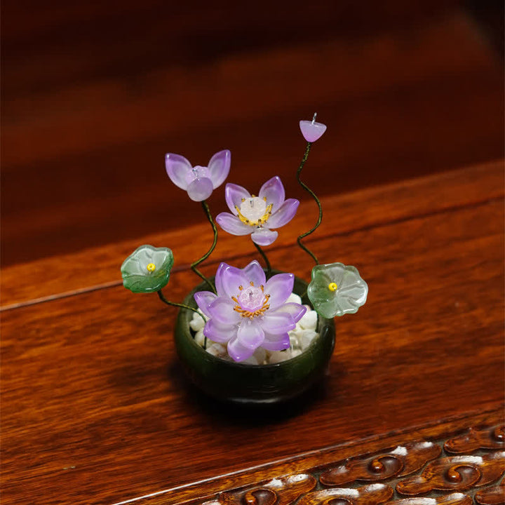 Buddha Stones Lotus Liuli Flowerpot Handmade Mindful Living Decor - Purple - image 3