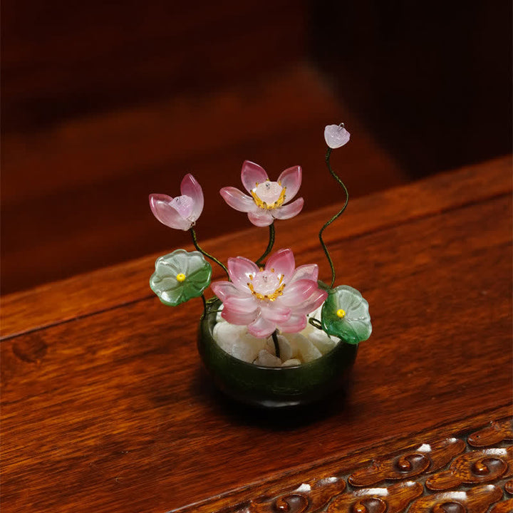 Buddha Stones Lotus Liuli Flowerpot Handmade Mindful Living Decor - Deep Pink - image 7