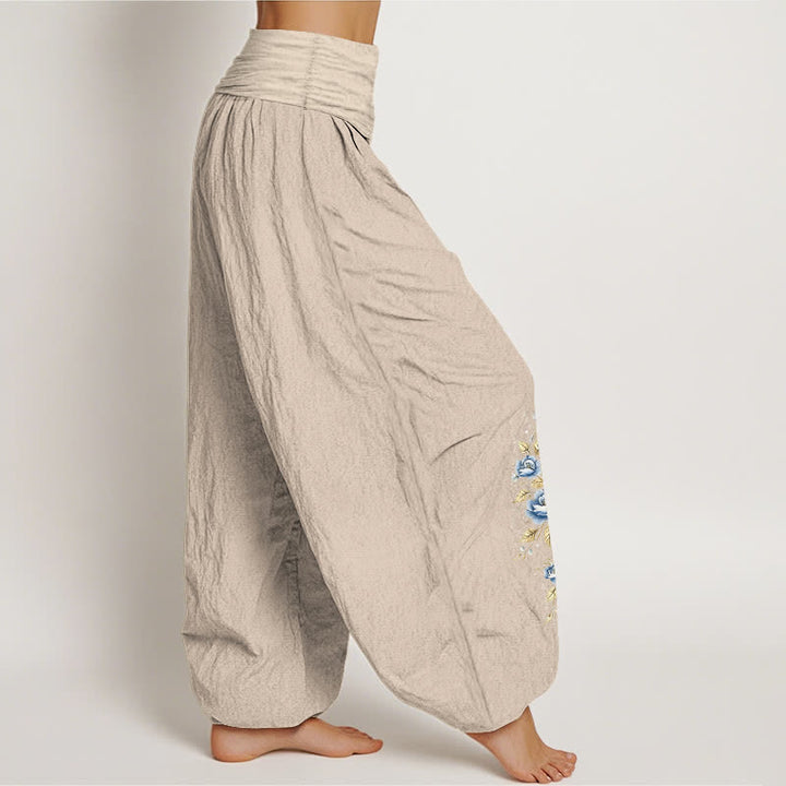 Buddha Stones Pure Cotton Peacock Bloom Pattern Women's Elastic Waist Harem Pants - image 6