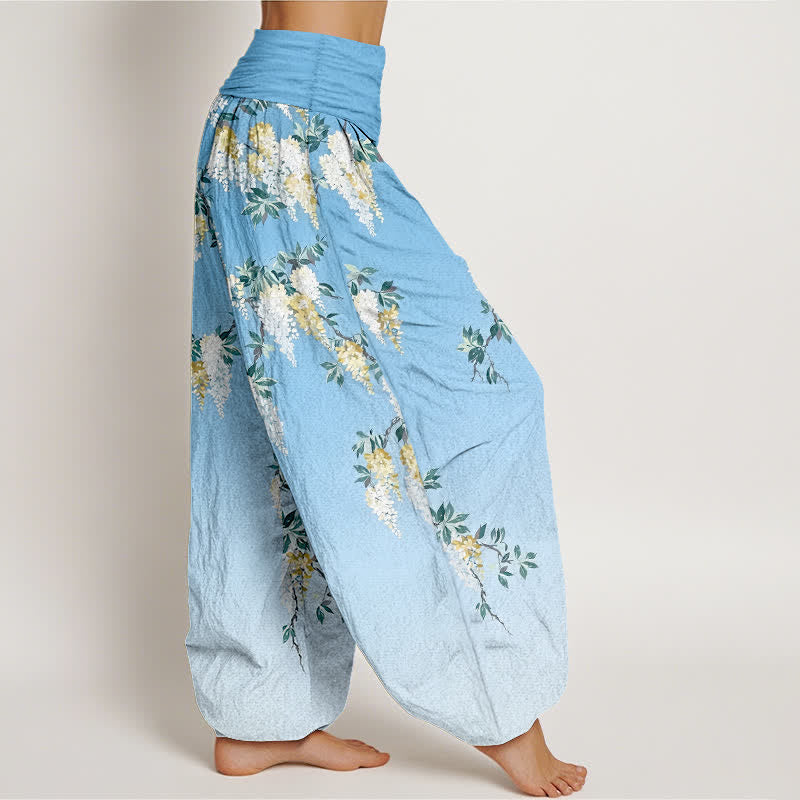 Buddha Stones Pure Cotton White Yellow Blossom Cluster Pattern Women's Elastic Waist Harem Pants - image 10