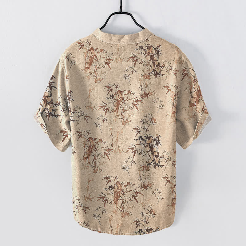 Buddha Stones Cotton Bamboo Leaf Pattern Men's Short Sleeve Half Button Shirt - image 4