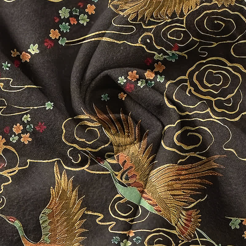 Buddha Stones Cotton Golden Crane Cloud Pattern Men's Short Sleeve Half Button Shirt - image 4