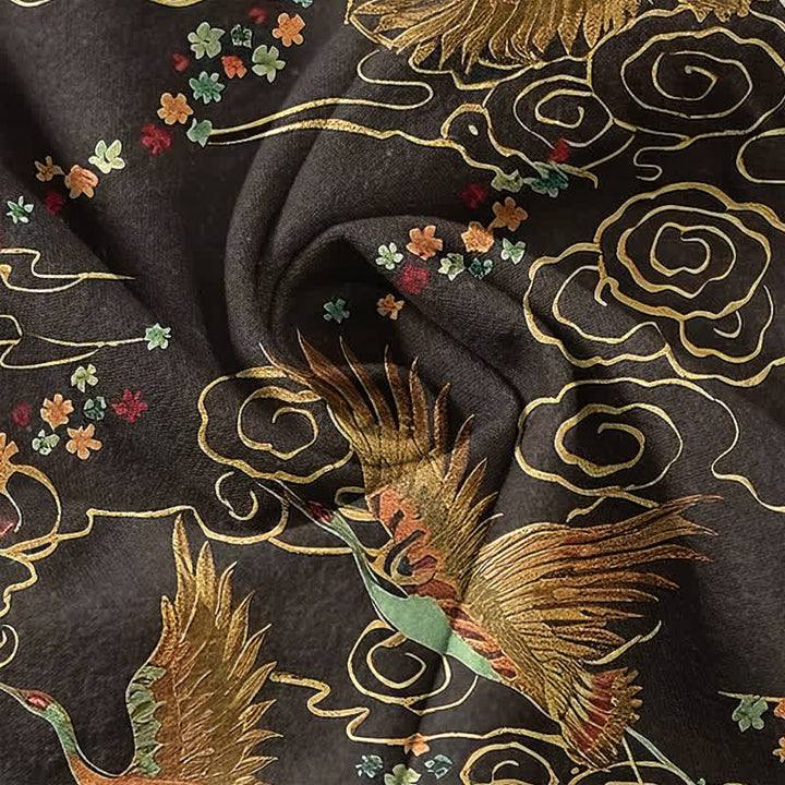 Buddha Stones Cotton Golden Crane Cloud Pattern Men's Short Sleeve Half Button Shirt - image 4