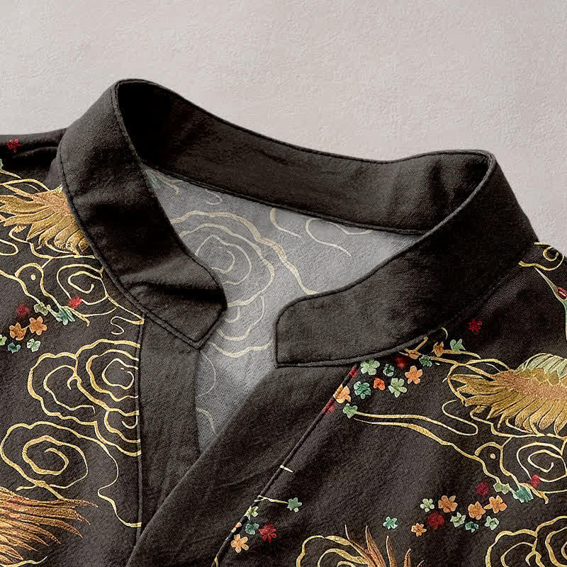 Buddha Stones Cotton Golden Crane Cloud Pattern Men's Short Sleeve Half Button Shirt - image 2