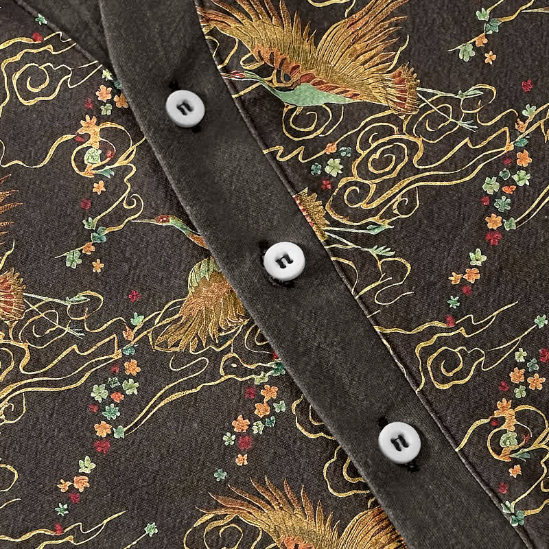 Buddha Stones Cotton Golden Crane Cloud Pattern Men's Short Sleeve Half Button Shirt - image 3