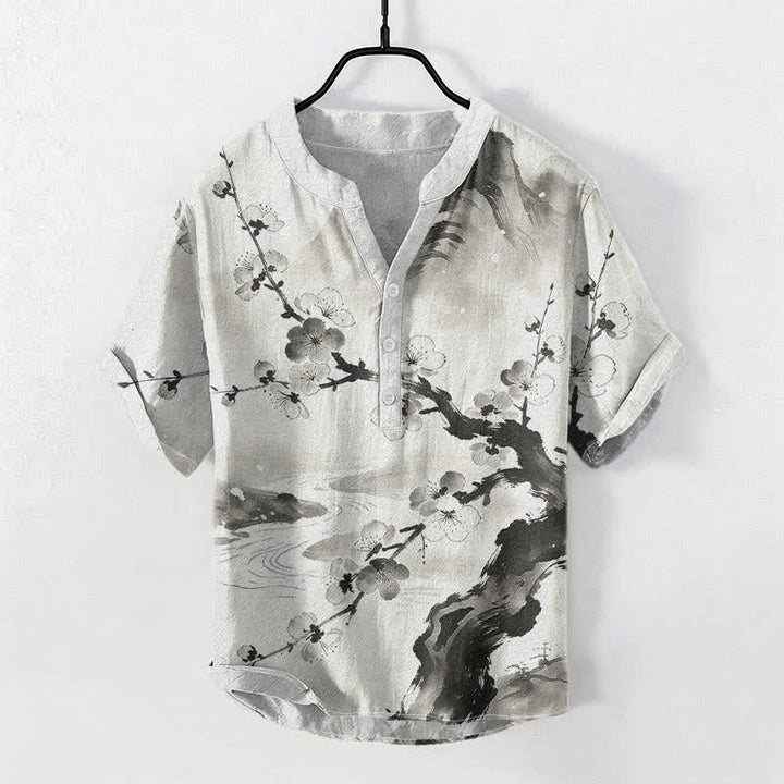 Buddha Stones Cotton Ink Plum Blossom Pattern Men's Short Sleeve Half Button Shirt - Ivory - US/UK/AU50，EU60 (5XL) - image 0