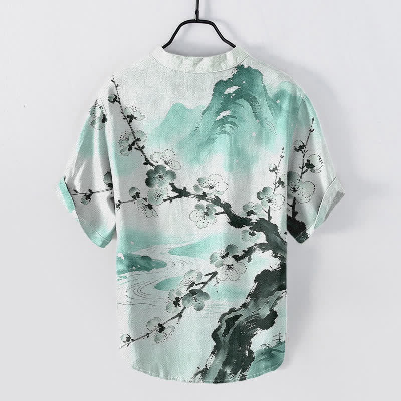 Buddha Stones Cotton Ink Plum Blossom Pattern Men's Short Sleeve Half Button Shirt - Aquamarine - US/UK/AU50，EU60 (5XL) - image 4