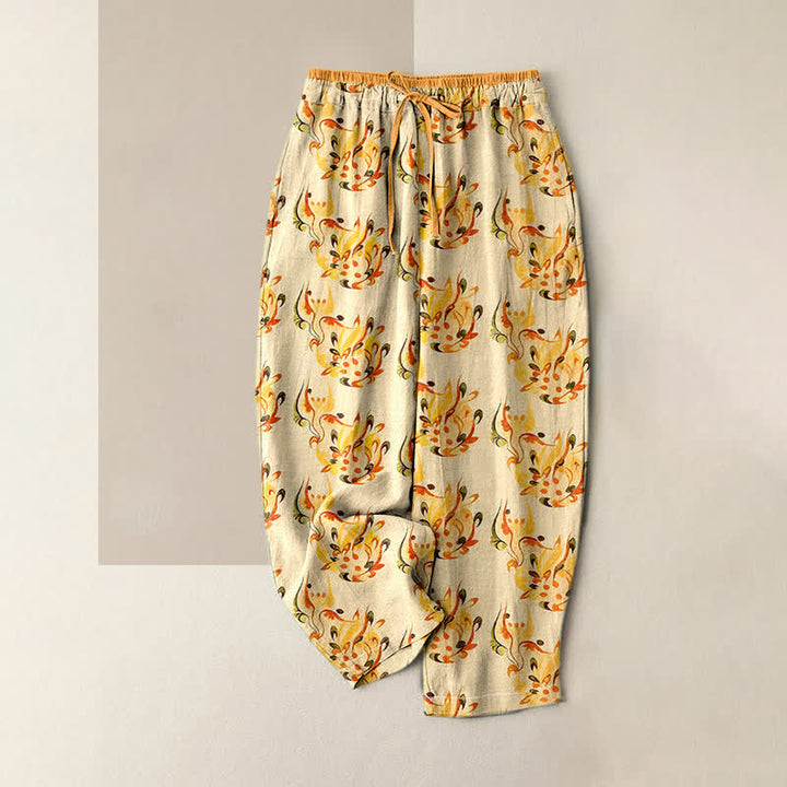 Buddha Stones Pure Cotton Sunny Abstract Floral Pattern Women's Elastic Waist Pants With Pockets - PaleGoldenrod - US16，UK/AU20，EU48 (3XL) - image 0