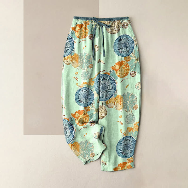 Buddha Stones Pure Cotton Orange Floral Pattern Women's Elastic Waist Pants With Pockets - Aquamarine - US16，UK/AU20，EU48 (3XL) - image 4