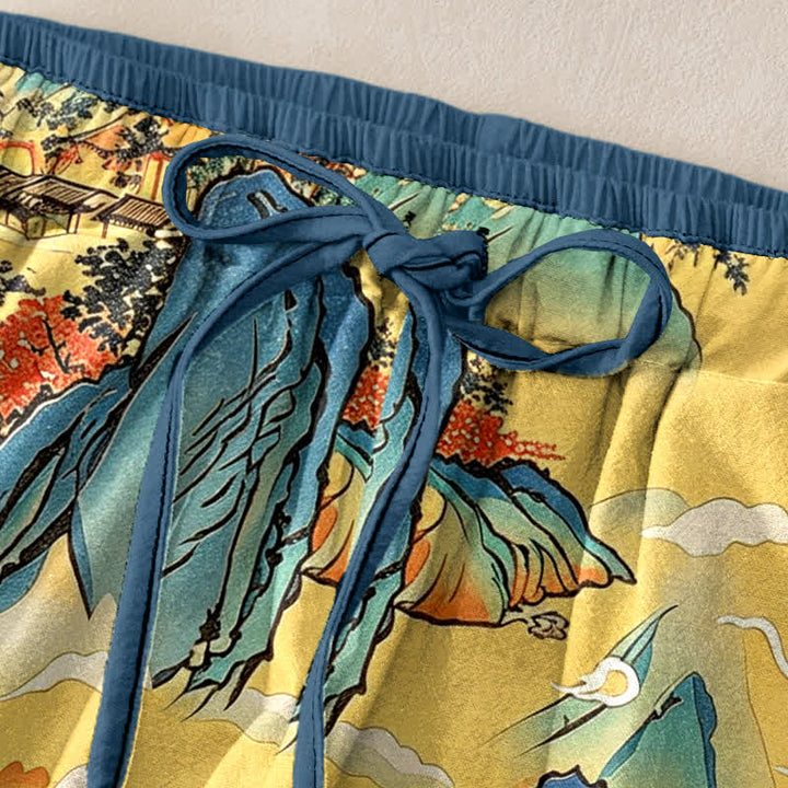 Buddha Stones Pure Cotton Oriental Mountain Mist Pattern Women's Elastic Waist Pants With Pockets - image 1