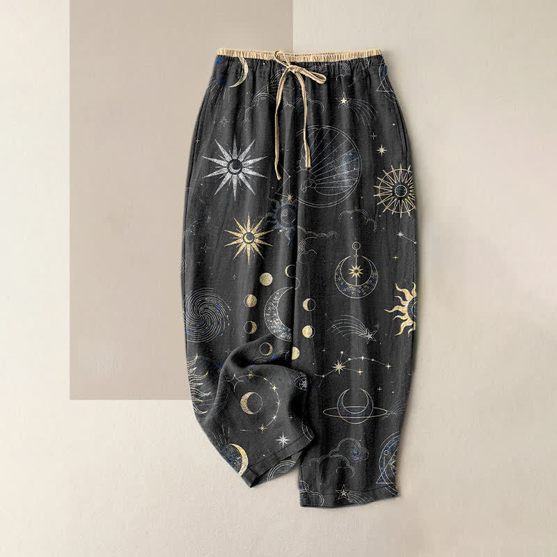 Buddha Stones Pure Cotton Celestial Sun Moon Stars Pattern Women's Elastic Waist Pants With Pockets - DarkGray - US16，UK/AU20，EU48 (3XL) - image 4