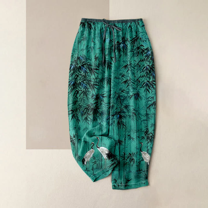 Buddha Stones Pure Cotton Oriental Bamboo Crane Pattern Women's Elastic Waist Pants With Pockets - Turquoise - US16，UK/AU20，EU48 (3XL) - image 4