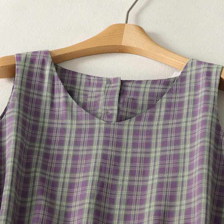 Buddha Stones Summer Vintage Drawstring Waist Button-Up Plaid Cotton Women's Sleeveless Dress With Pockets - image 3