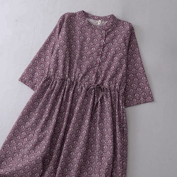 Buddha Stones Summer Drawstring Button-Up Floral Print Women's Short Sleeve Dress With Pockets - image 2