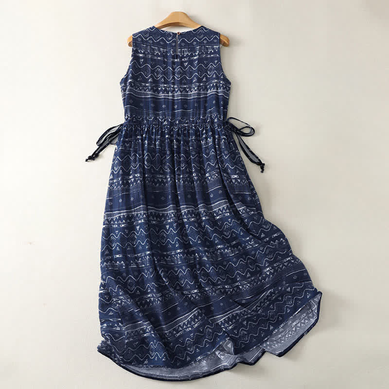 Buddha Stones Summer Boho Drawstring Ethnic Print Women's Summer Sleeveless Dress With Pockets - image 1