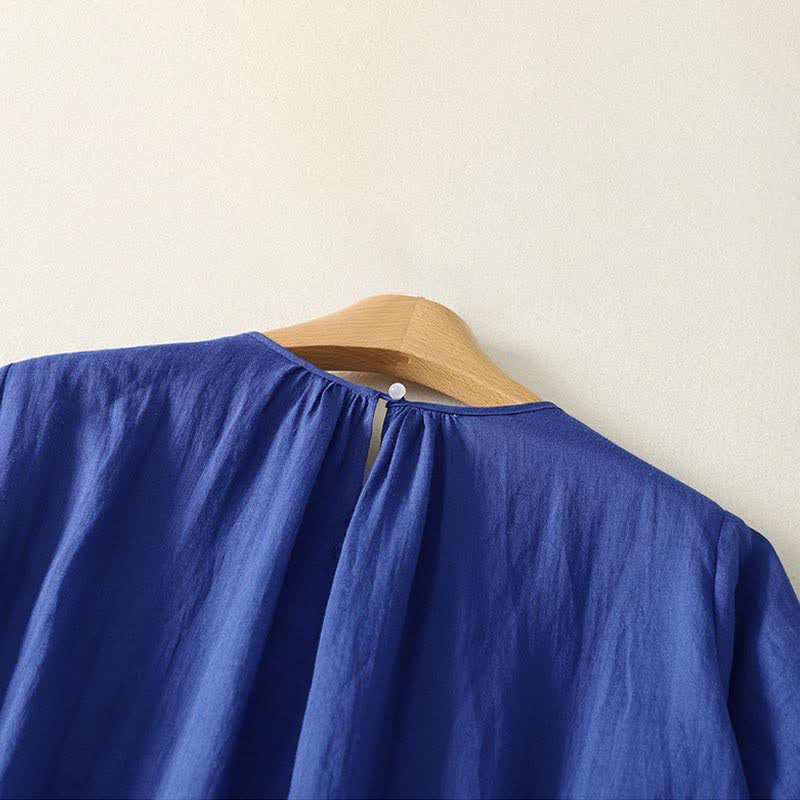 Buddha Stones Summer Minimalist Button-Up Solid Women's Short Sleeve Below Knee Dress With Pockets - image 3