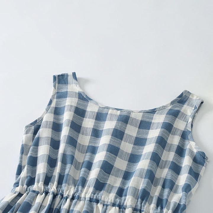Buddha Stones Summer Casual Drawstring Blue White Gingham Women's Summer Sleeveless Dress With Pockets - image 1
