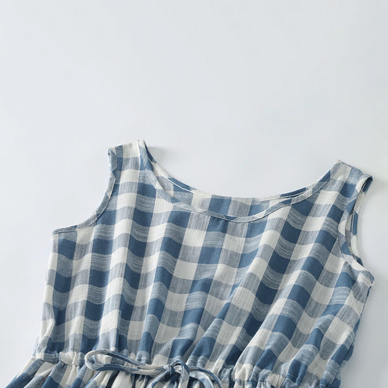 Buddha Stones Summer Casual Drawstring Blue White Gingham Women's Summer Sleeveless Dress With Pockets - image 2