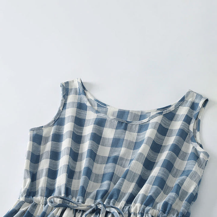 Buddha Stones Summer Casual Drawstring Blue White Gingham Women's Summer Sleeveless Dress With Pockets - image 2
