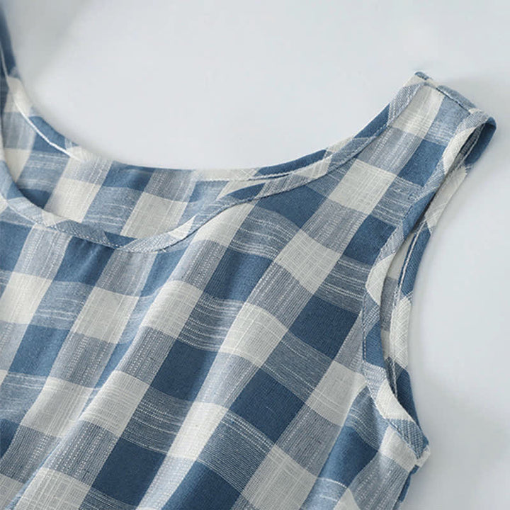 Buddha Stones Summer Casual Drawstring Blue White Gingham Women's Summer Sleeveless Dress With Pockets - image 3