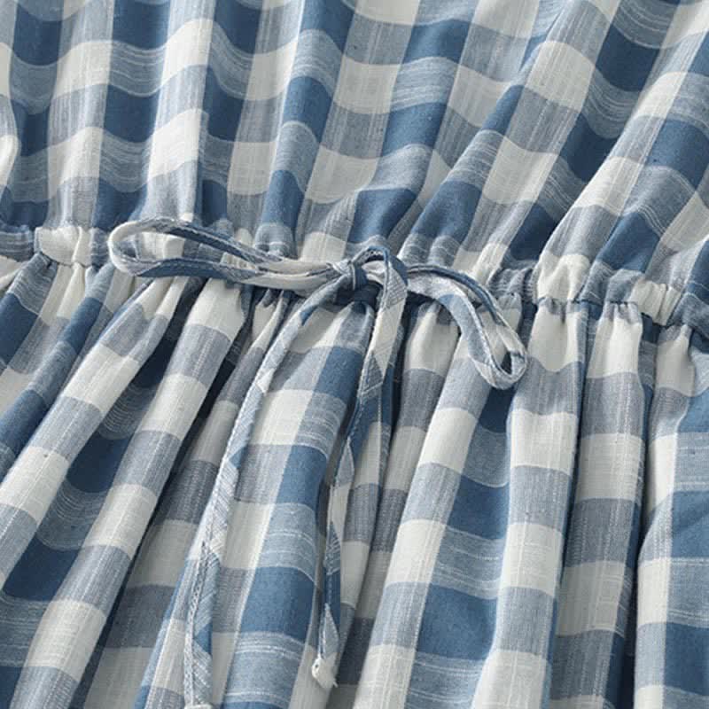 Buddha Stones Summer Casual Drawstring Blue White Gingham Women's Summer Sleeveless Dress With Pockets - image 4