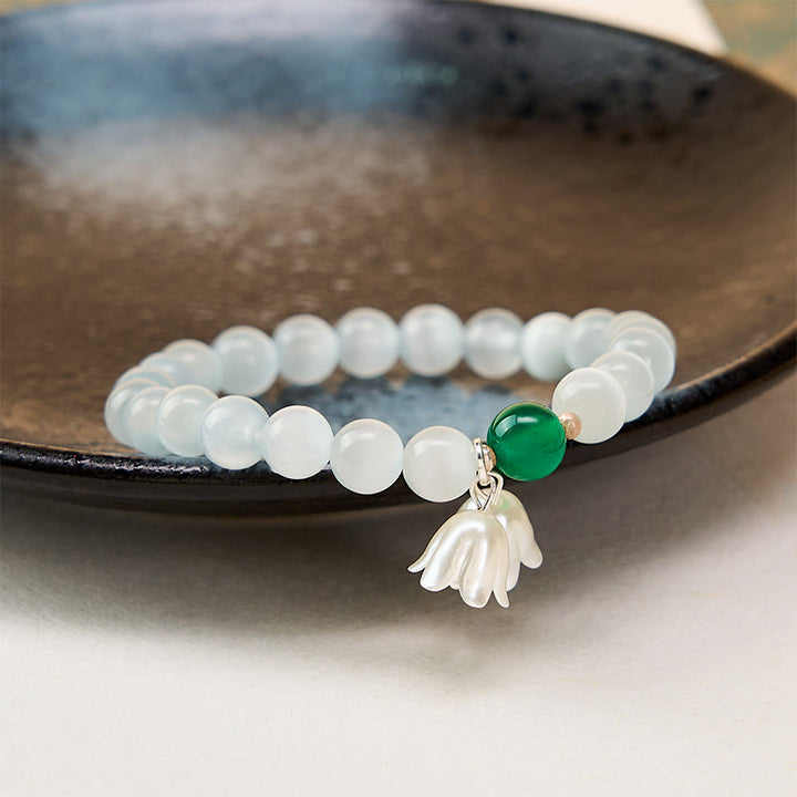 Buddha Stones 8mm White Cat's Eye Round Beads Lily of the Valley Flowers Positive Bracelet - image 3
