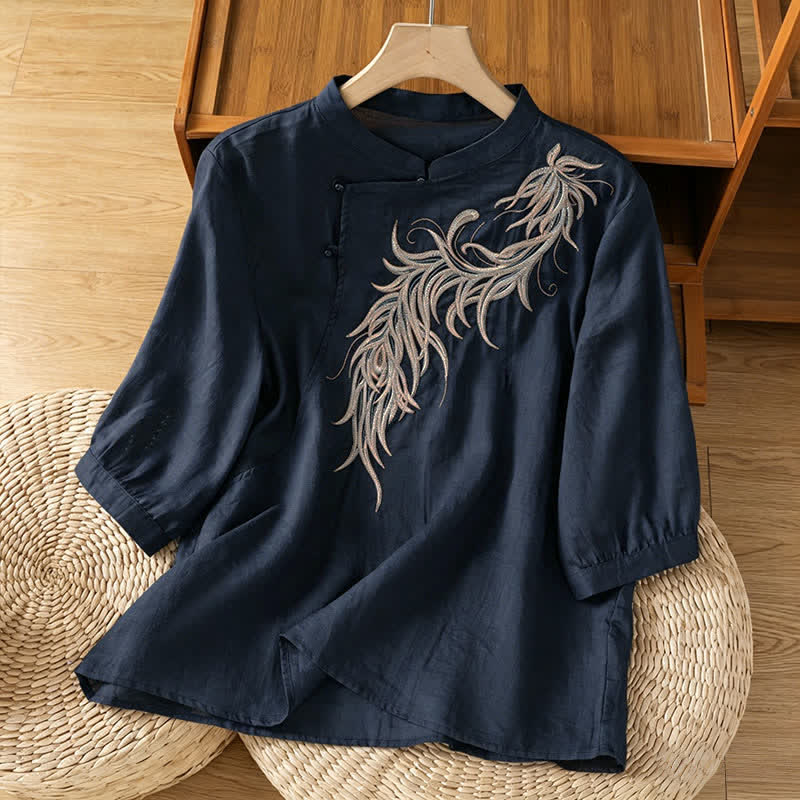 Buddha Stones Spring Vintage Embroidered Feather Mandarin Collar Solid Women's Short Sleeve Shirt - MidnightBlue - US8-10，UK/AU12-14，EU40-42 (2XL) - image 0