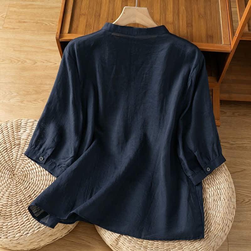 Buddha Stones Spring Vintage Embroidered Feather Mandarin Collar Solid Women's Short Sleeve Shirt - image 1