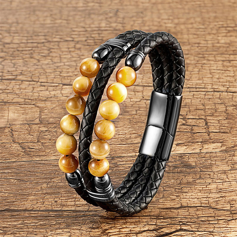 Buddha Stones Tiger Eye Hematite Lava Rock Black Onyx Lazurite Lapis Lazuli Beads Protection Strength Leather Bracelet - Yellow Tiger Eye - 18-22cm - image 2