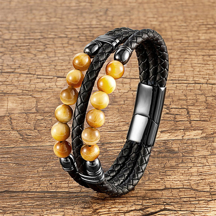 Buddha Stones Tiger Eye Hematite Lava Rock Black Onyx Lazurite Lapis Lazuli Beads Protection Strength Leather Bracelet - Yellow Tiger Eye - 18-22cm - image 2