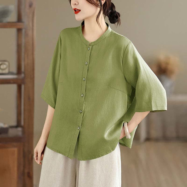 Buddha Stones Summer Minimalist Button-Up Mandarin Collar Side Slit Solid Women's Short Sleeve Shirts - image 3