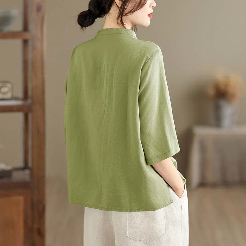 Buddha Stones Summer Minimalist Button-Up Mandarin Collar Side Slit Solid Women's Short Sleeve Shirts - image 1