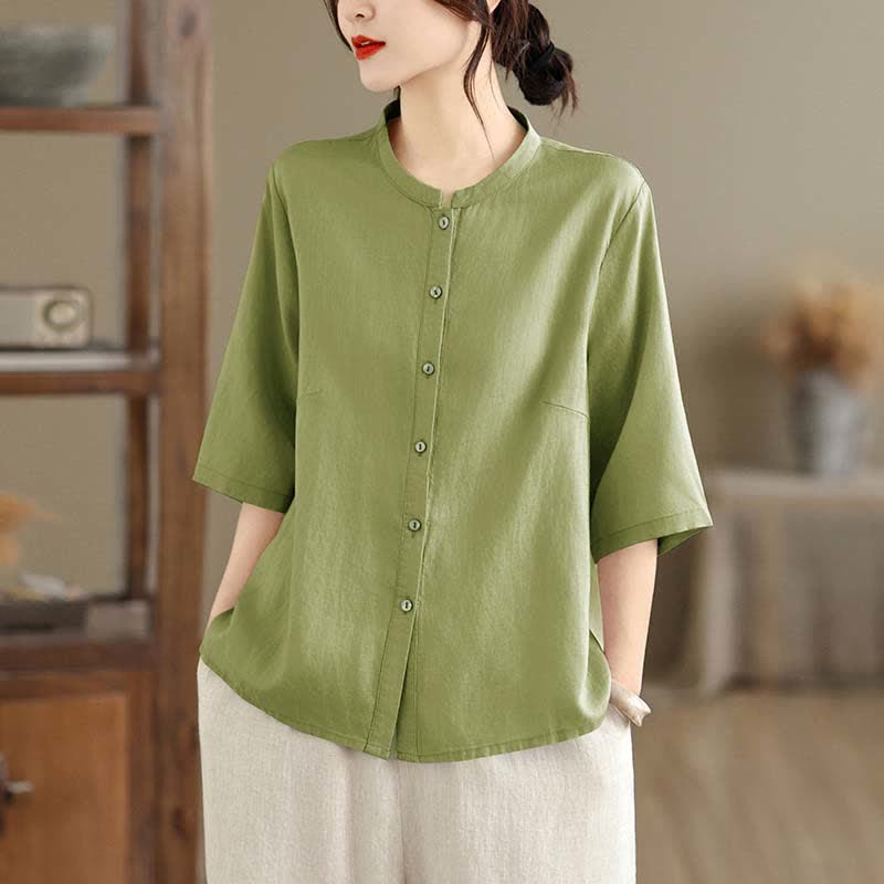 Buddha Stones Summer Minimalist Button-Up Mandarin Collar Side Slit Solid Women's Short Sleeve Shirts - image 2