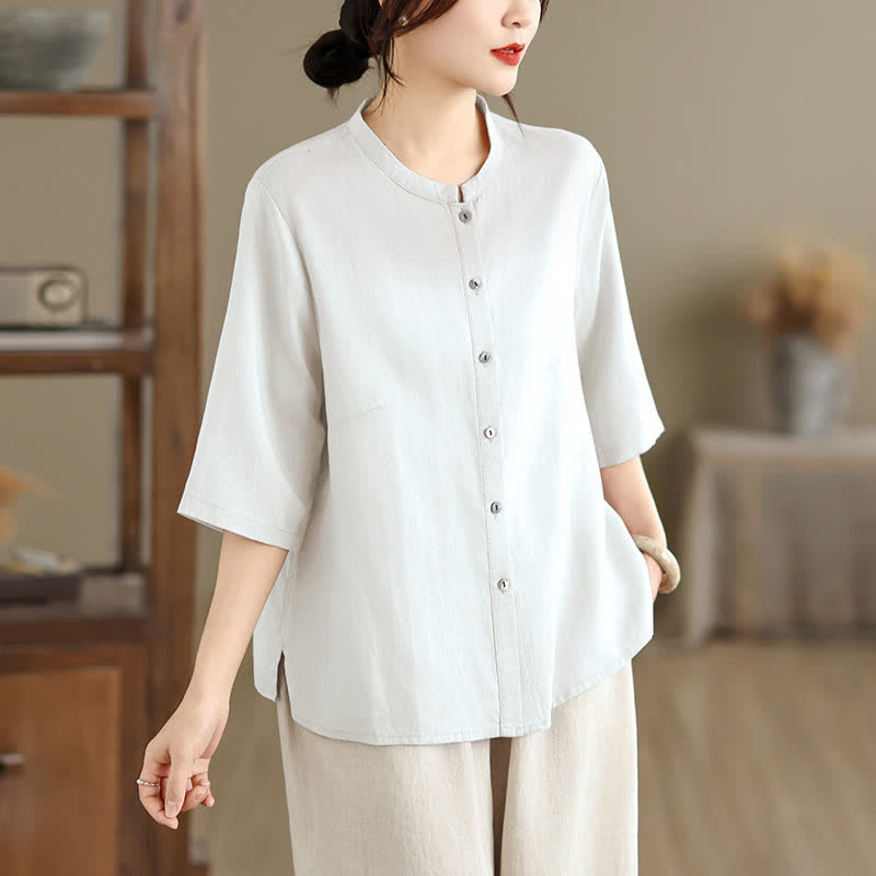 Buddha Stones Summer Minimalist Button-Up Mandarin Collar Side Slit Solid Women's Short Sleeve Shirts - image 18