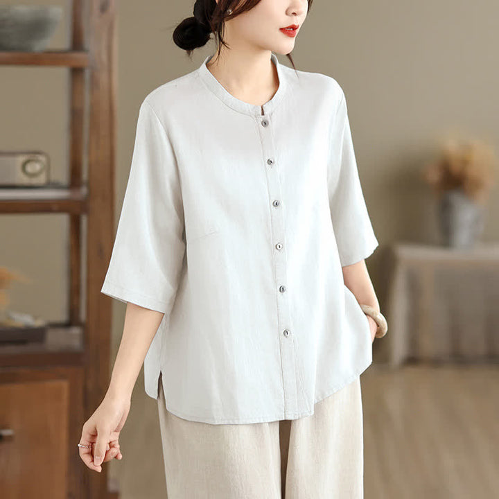 Buddha Stones Summer Minimalist Button-Up Mandarin Collar Side Slit Solid Women's Short Sleeve Shirts - image 18