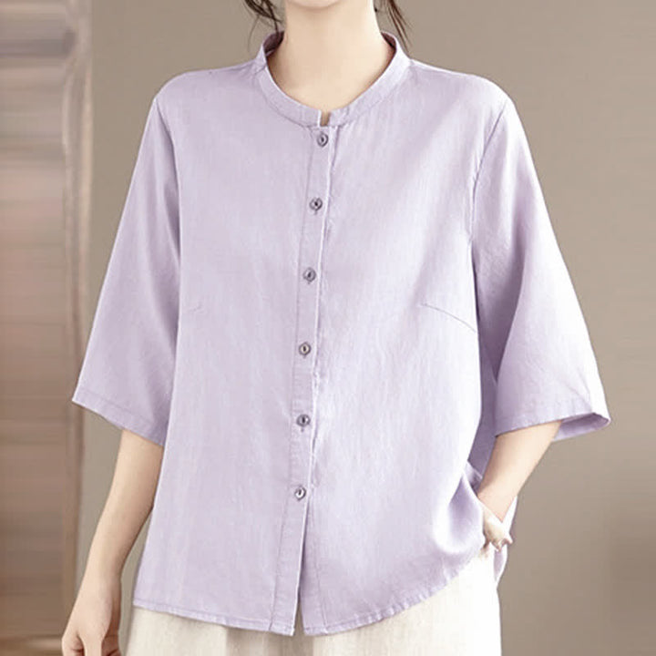 Buddha Stones Summer Minimalist Button-Up Mandarin Collar Side Slit Solid Women's Short Sleeve Shirts - image 9