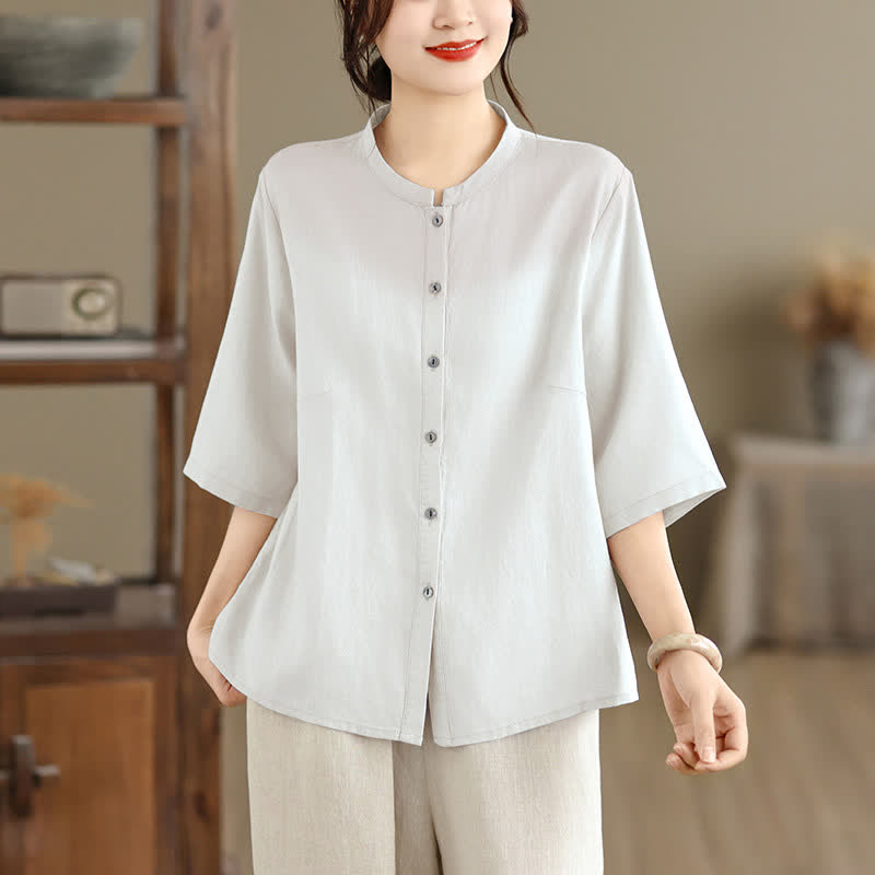 Buddha Stones Summer Minimalist Button-Up Mandarin Collar Side Slit Solid Women's Short Sleeve Shirts - WhiteSmoke - US8-10，UK/AU12-14，EU40-42 (2XL) - image 16